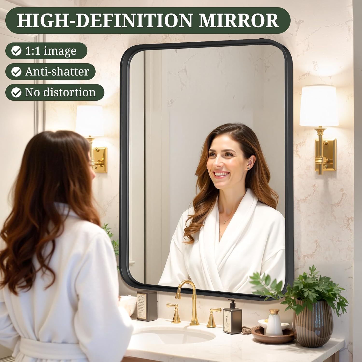 Regine Switzerland Bathroom Mirror - 36x24 Inch Black Metal Frame | Modern Anti-Rust Vanity Mirror