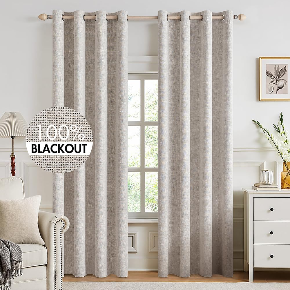MIULEE 100% Blackout Linen Textured Curtains - Thermal Insulated Ivory Drapes | 52 x 94 Inch (2 Panels) for Luxury Bedroom Decor