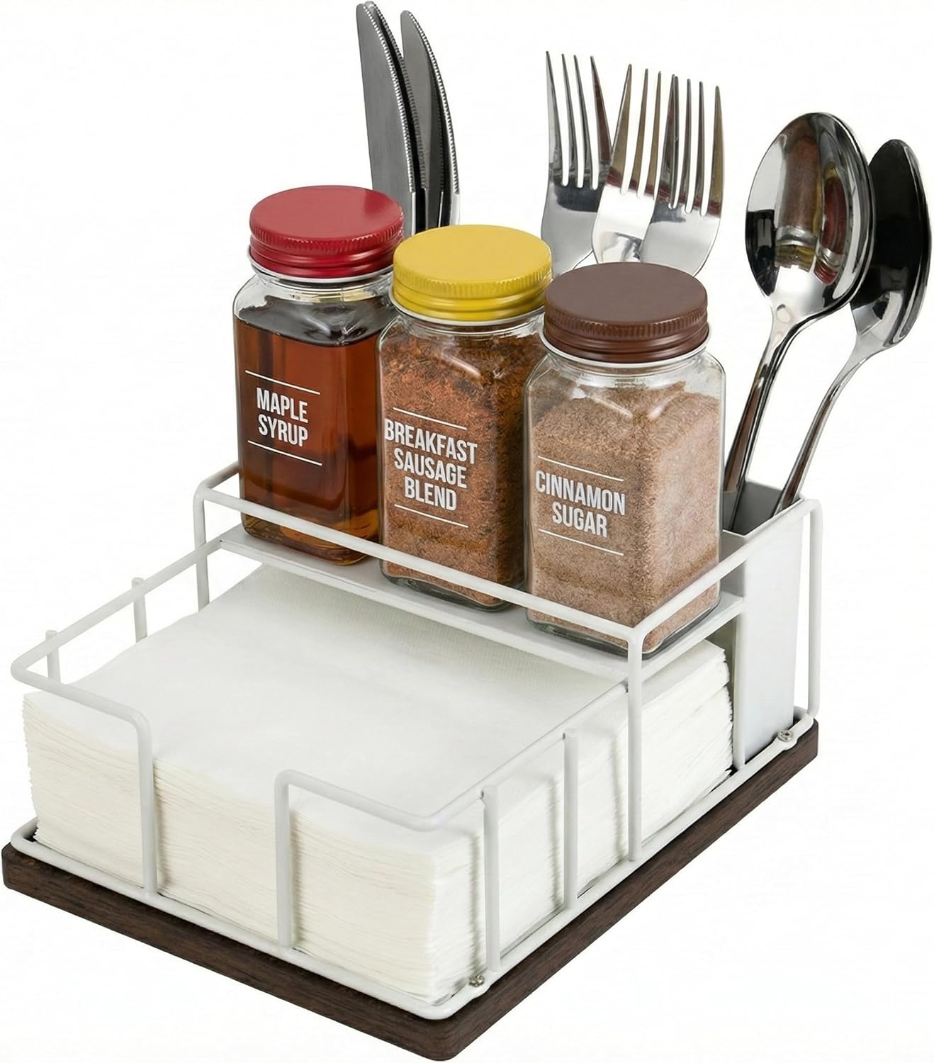 Wood & Metal Napkin Holder by [Brand Name] - 3-in-1 Utensil Caddy & Spice Rack for Kitchen or Patio (White)
