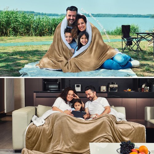 KAWAHOME Sherpa Fleece Blanket - Extra Warm Queen Size 90" x 90" | Super Soft 500GSM Camel Color