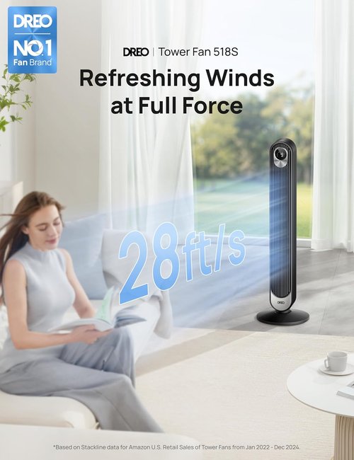 Dreo Smart Tower Fan - WiFi Voice Control Bladeless Oscillating Fan | 6 Speeds, 4 Modes, Remote, 12H Timer