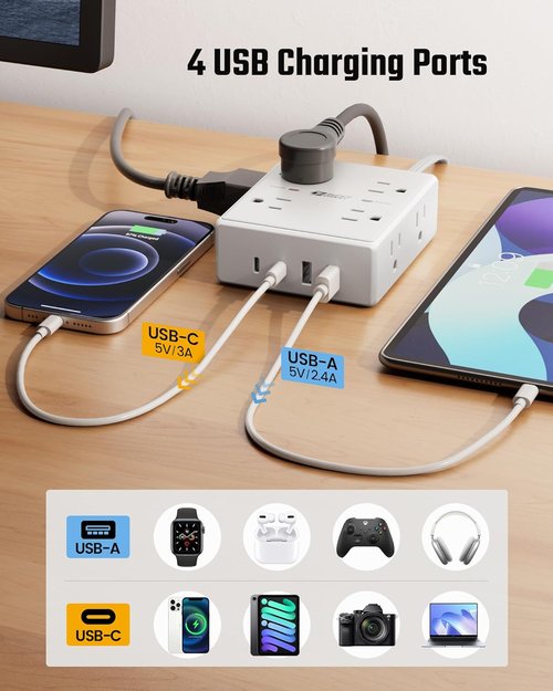 10Ft Extension Cord - Flat Plug Surge Protector Power Strip with 8 Outlets & 4 USB Ports | Ideal for Home Office & Dorm Room