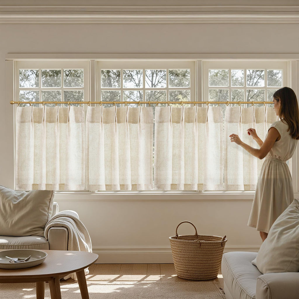 jinchan Linen Pinch Pleated Kitchen Curtains 30 Inch 2 Panels, Natural Linen Tier Curtains Back Tab Farmhouse Cafe, Light Filtering Small Window Drapes for Bathroom Laundry Room Beige