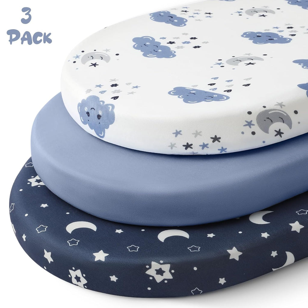 Yoofoss Bassinet Sheets - 3-Pack Fitted Set for Halo Bassinest & Baby Delight | Soft, Breathable Blue & Cloud Design