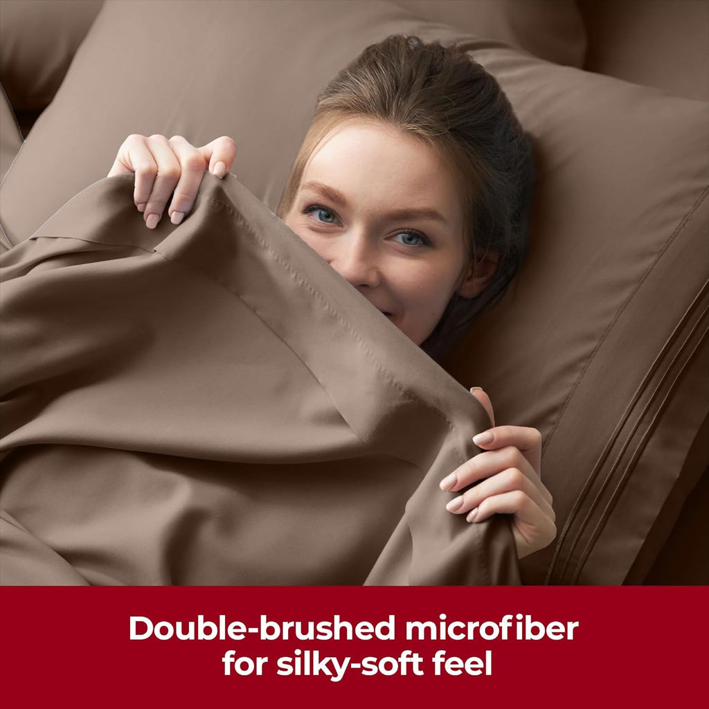 Mellanni Extra Deep California King Sheets - 4 PC Hotel Luxury Bedding Set | Ultra Soft, Cooling, Wrinkle Resistant (Cal King, Brown)