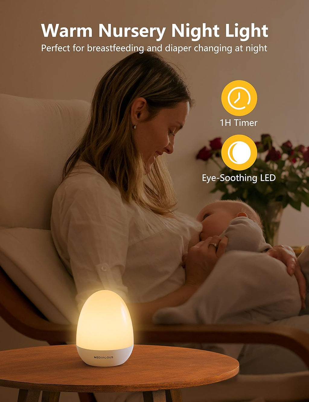 MediAcous Night Light - Dimmable Egg Lamp with Touch Control & Timer | Ideal for Kids' Nursery, 200H Battery Life