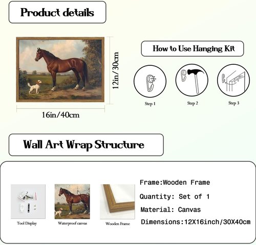 Framed Vintage Wall Art - Rustic Horse & Dog Pictures | Farmhouse Canvas Prints 12x16 Inch