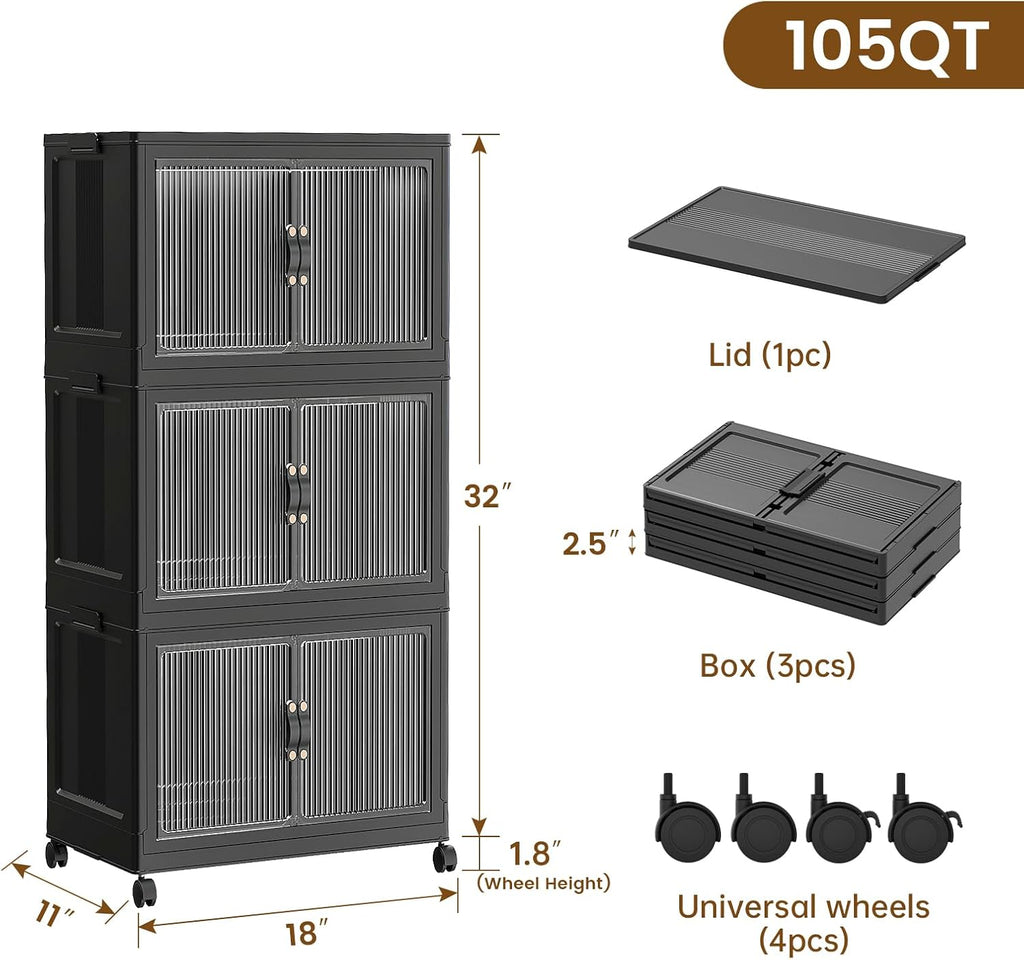 SAILUN Stackable Storage Bins - 26Gal/105Qt Folding Organizers with Lid | Black, 18" W x 11" D x 32" H
