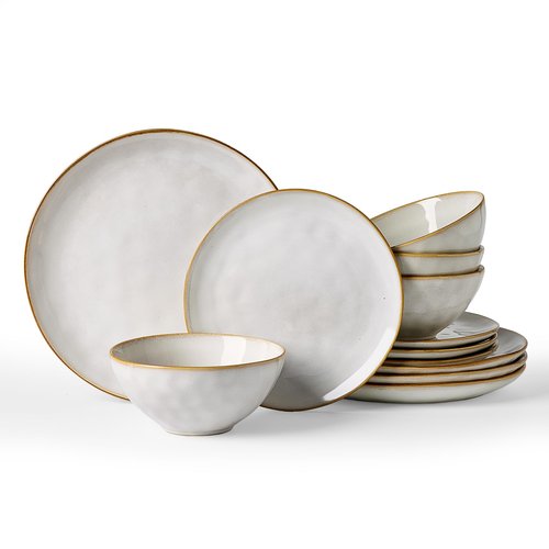 Famiware Dinnerware Sets for 4, Ocean Round 12-Piece Kitchen Plates and Bowls Sets, Reactive Glaze, Microwave and Dishwasher Safe, Scratch Resistant, Cappuccino White