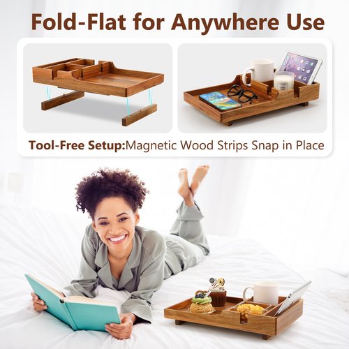 Acanacle Couch Insert Tray for Middle Seat, Acacia Wood Couch Table with 2 Cup Holders, Fits Armless Sofa & Sectionals, Fold-Flat Tray for Drinks, Snacks & Remotes