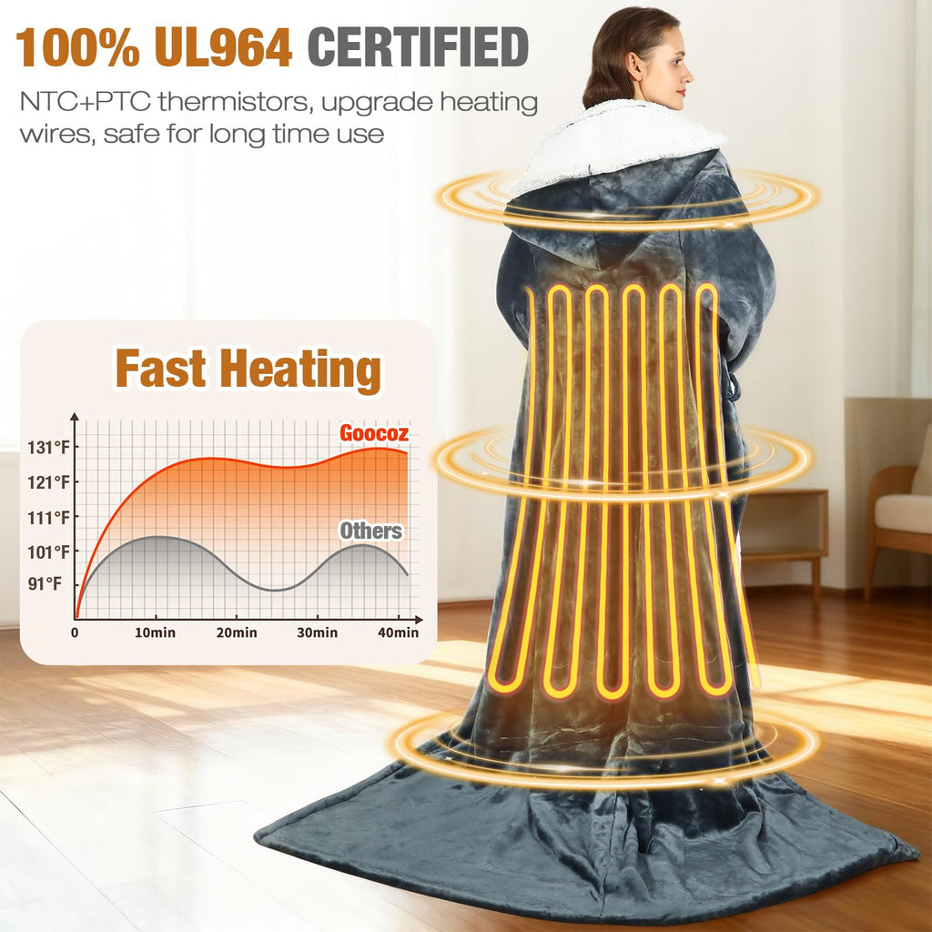 Goocoz Wearable Heated Blankets, Electric Snuggle Blanket with Foot Pockets, Sleeves, Hood, Waist Belt, 50"x70" Electric Heating Throw Blanket Wearable Heated Robe
