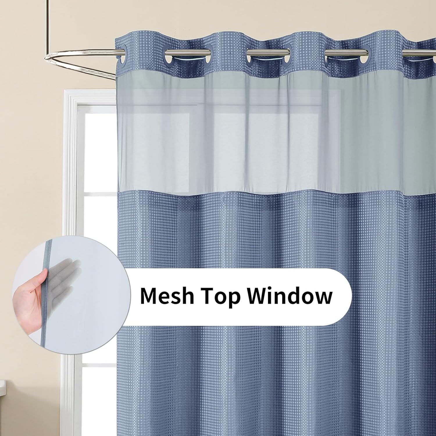 Skiennix No Hook Shower Curtain - Heavy Duty Waffle Weave with Snap-in Liner | Waterproof 72 x 75 Inch, Moonlight Blue