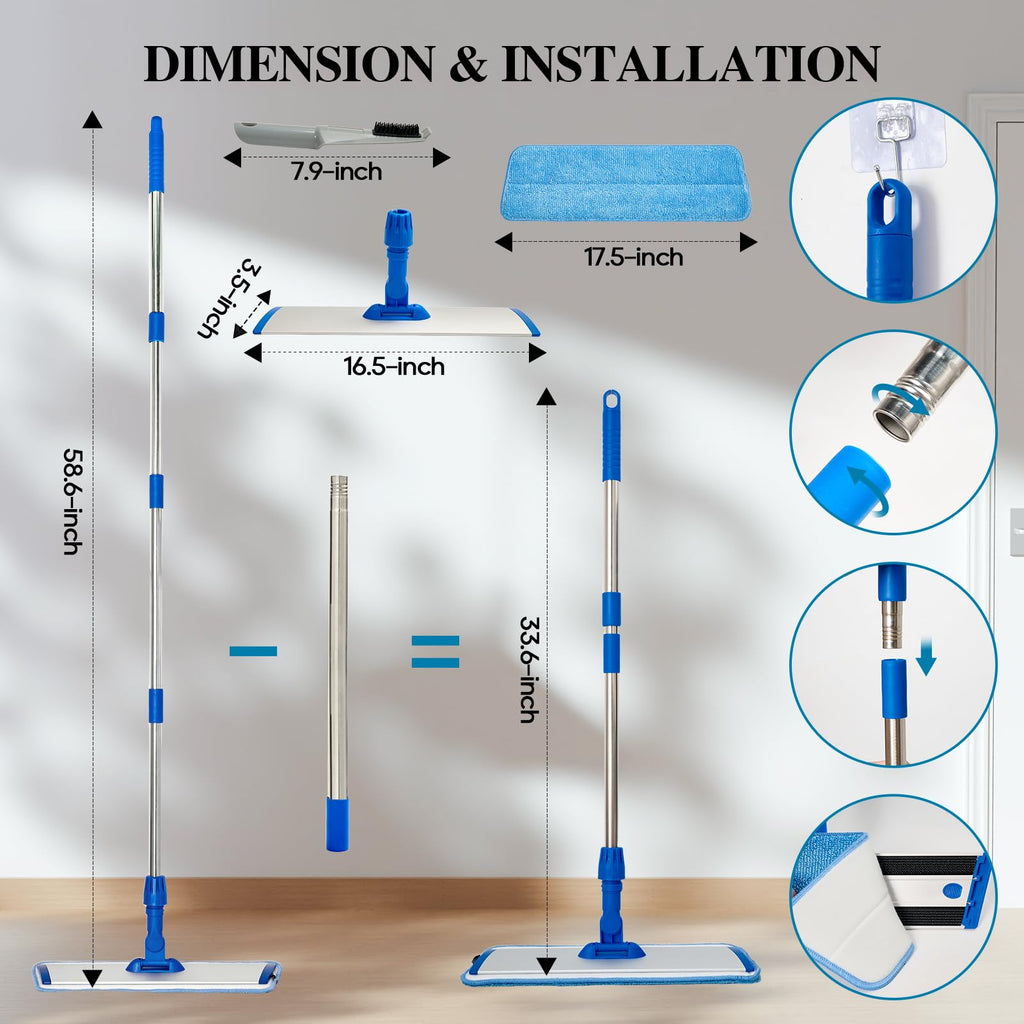 17.5'' Microfiber Mop for Floor Cleaning-Blue Flat Floor Mop with 58'' Stainless Steel Handle- 4 Reusable Washable Replacement Pads-Wet & Dry Use for Hardwood Tile Laminate-Home Kitchen Bathroom