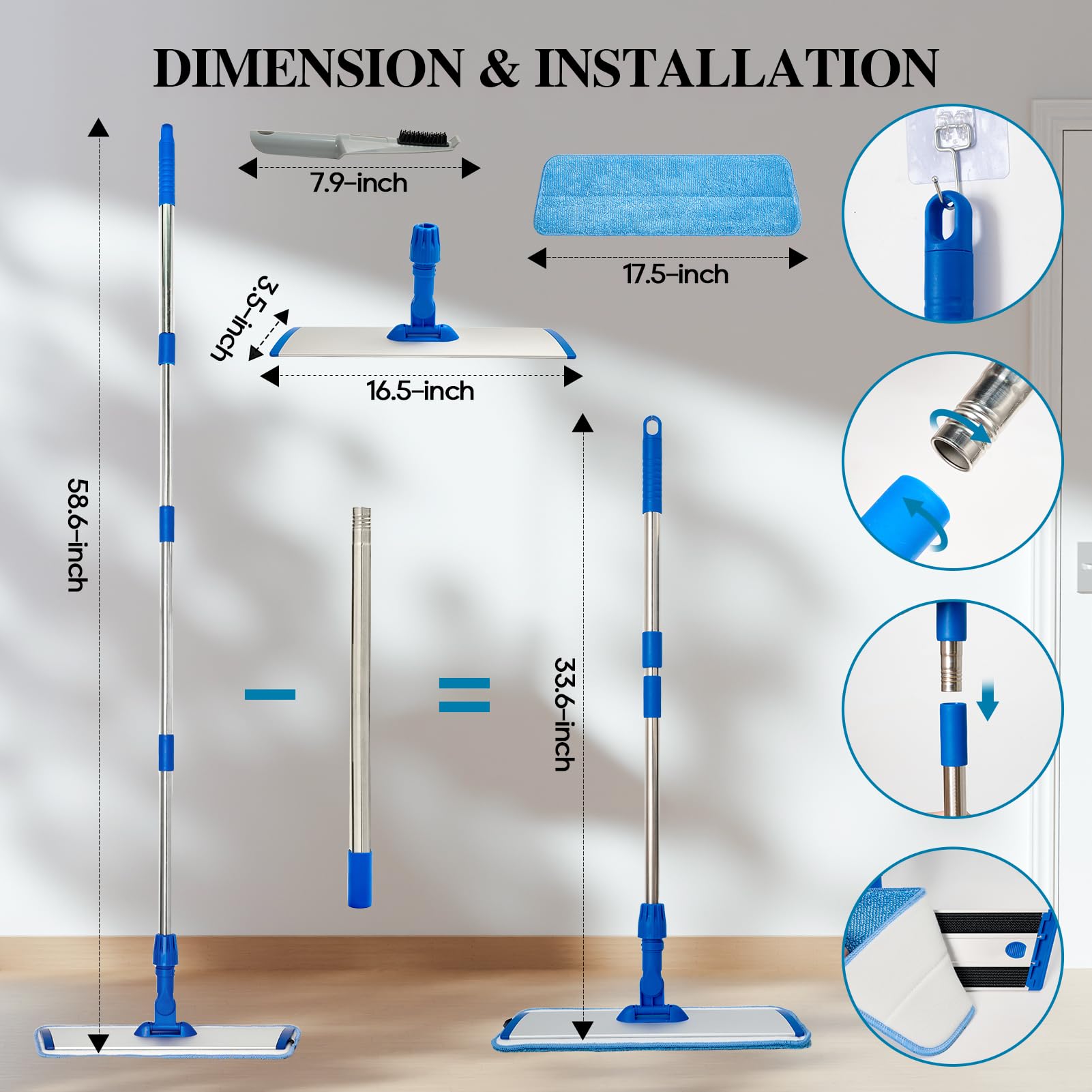 17.5'' Microfiber Mop for Floor Cleaning-Blue Flat Floor Mop with 58'' Stainless Steel Handle- 4 Reusable Washable Replacement Pads-Wet & Dry Use for Hardwood Tile Laminate-Home Kitchen Bathroom