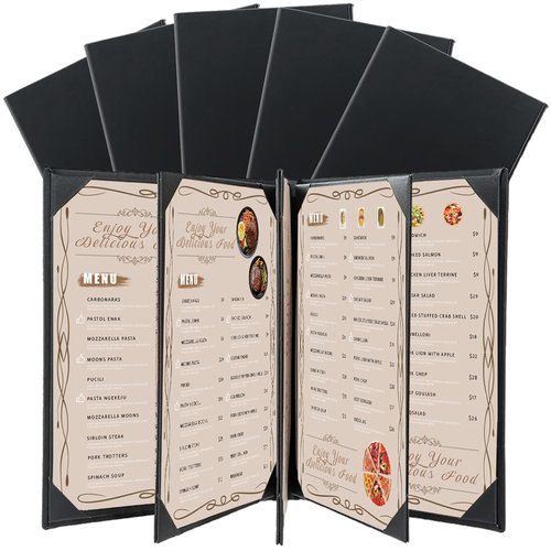 FLKQC Restaurant Menu Covers Holders 8.5" X 11" | Pack of 5 Synthetic Leather 8 View Menu Holder Covers Book Style with Angled Corners Black for Wine List (5, 8 View (8.5" x 11"))