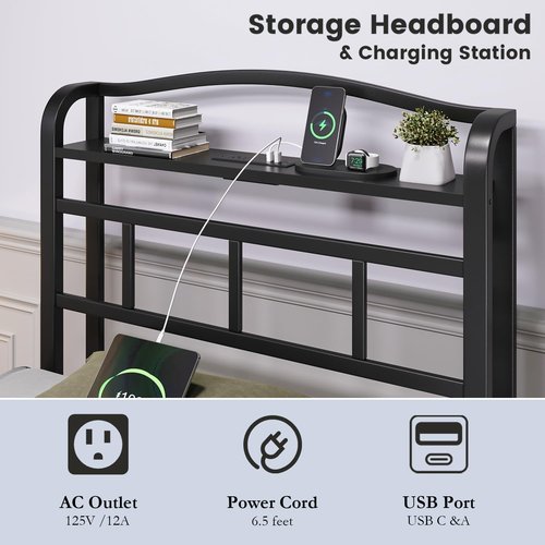 HAVONIZD Twin Bed Frame - Storage Headboard with Charging Station, 14 Inch Sturdy Metal Platform Bed Frame No Box Spring Needed, Easy Assembly, No Noise, Black