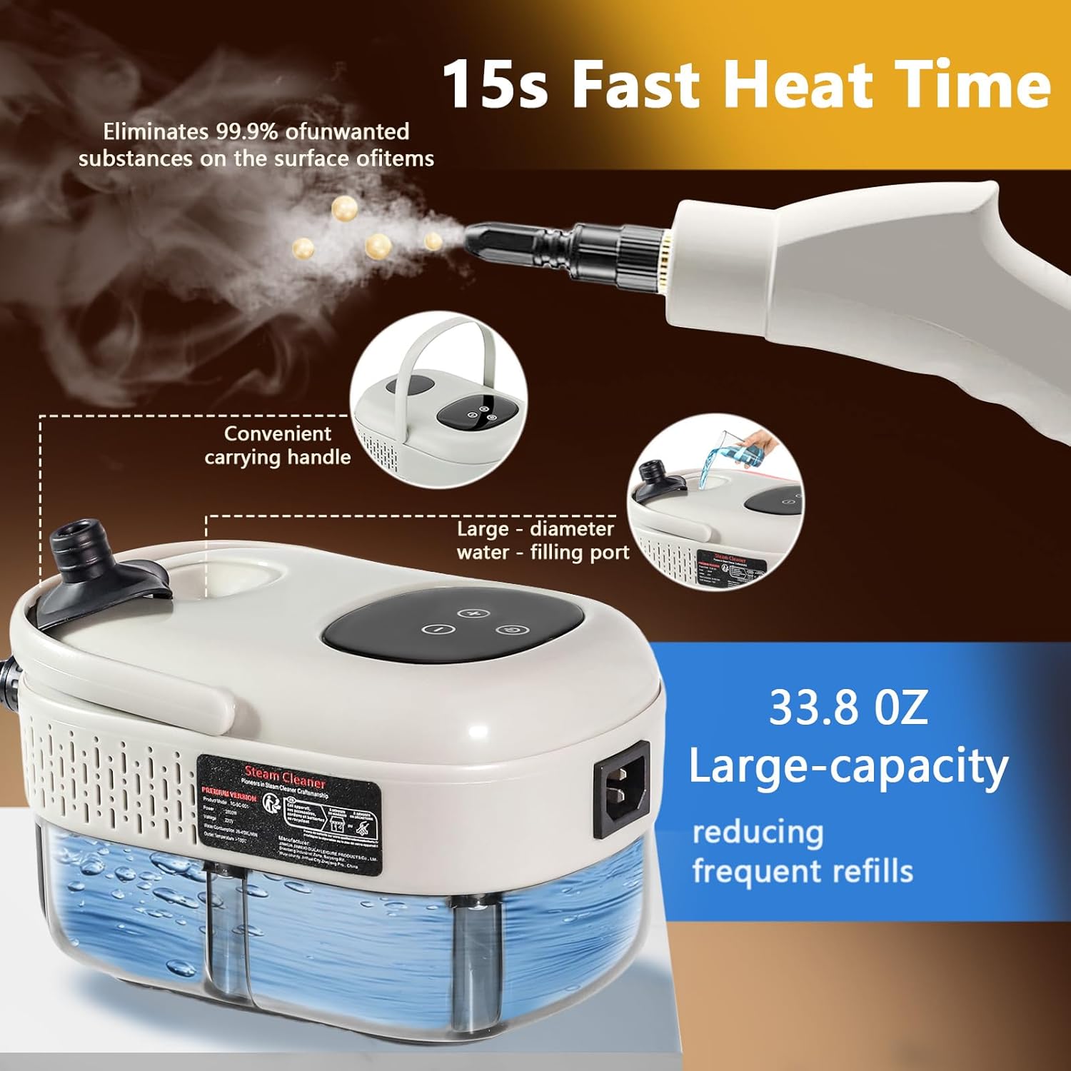 Skiennix Handheld Steam Cleaner - 1000ml Tank, 15s Heat-Up | Versatile Steamer for Home & Car Cleaning
