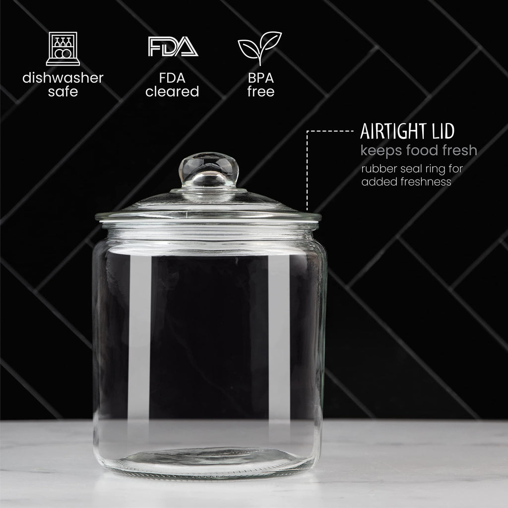 1 Gallon Glass Cookie Jar - Large Food Storage Container with Airtight Lid - Keep Fresh Flour, Chewy Pet Treats, Candy, Dried Foods, Detergent Pods for Your Kitchen or Laundry Room- Pack of 2