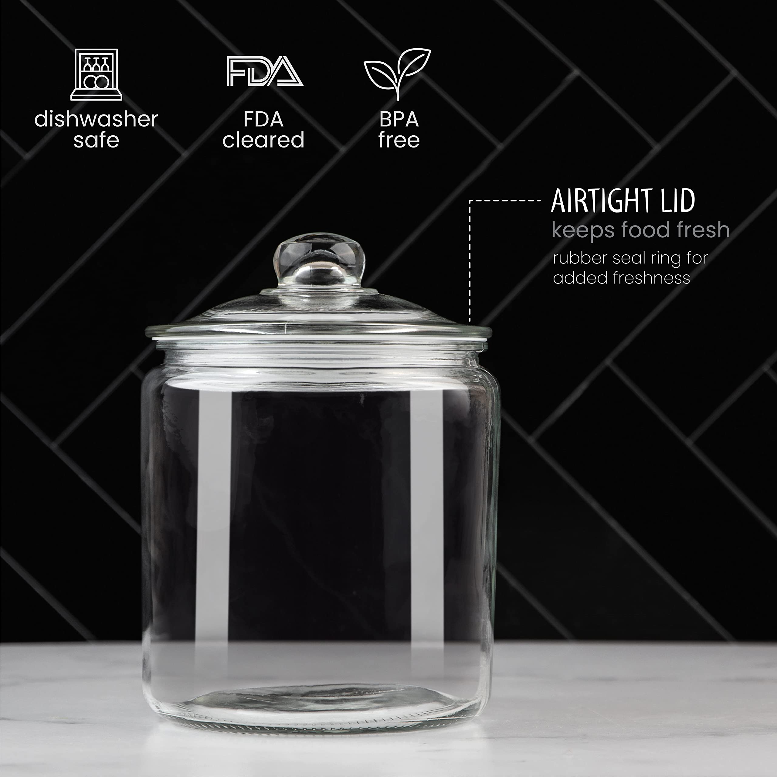 1 Gallon Glass Cookie Jar - Large Food Storage Container with Airtight Lid - Keep Fresh Flour, Chewy Pet Treats, Candy, Dried Foods, Detergent Pods for Your Kitchen or Laundry Room- Pack of 2