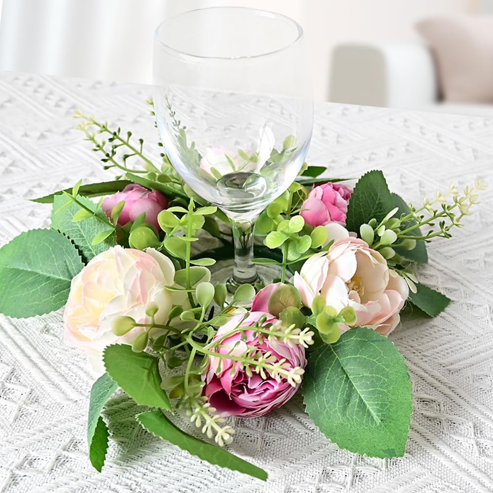 Peony Flower Candle Rings by [Brand Name] - Spring Wreath Centerpieces | 10.2" Pink Artificial Floral Decor
