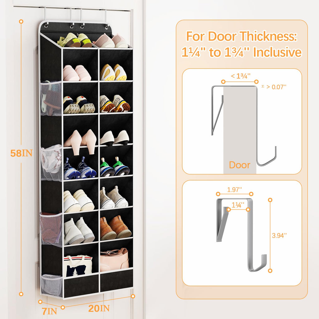 Yecaye 8 Tier Over the Door Shoe Organizer of Deep 16 Compartments, 50lbs Load Shoe Rack for Door in Oxford Holds 16-24 Pairs, Stain-Resistant Hanging Shoe Organizer for Closet, Black