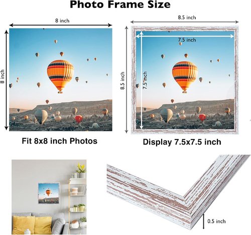 JCJMY 8x8 Picture Frame - Rustic White Square Wall Gallery Frame with Shatter-Resistant Plexiglass