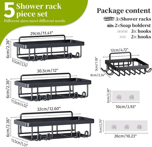 Adhesive Shower Caddy - 5 Pack Rustproof Stainless Steel Bathroom Organizers | Large Capacity, No Drilling, Black