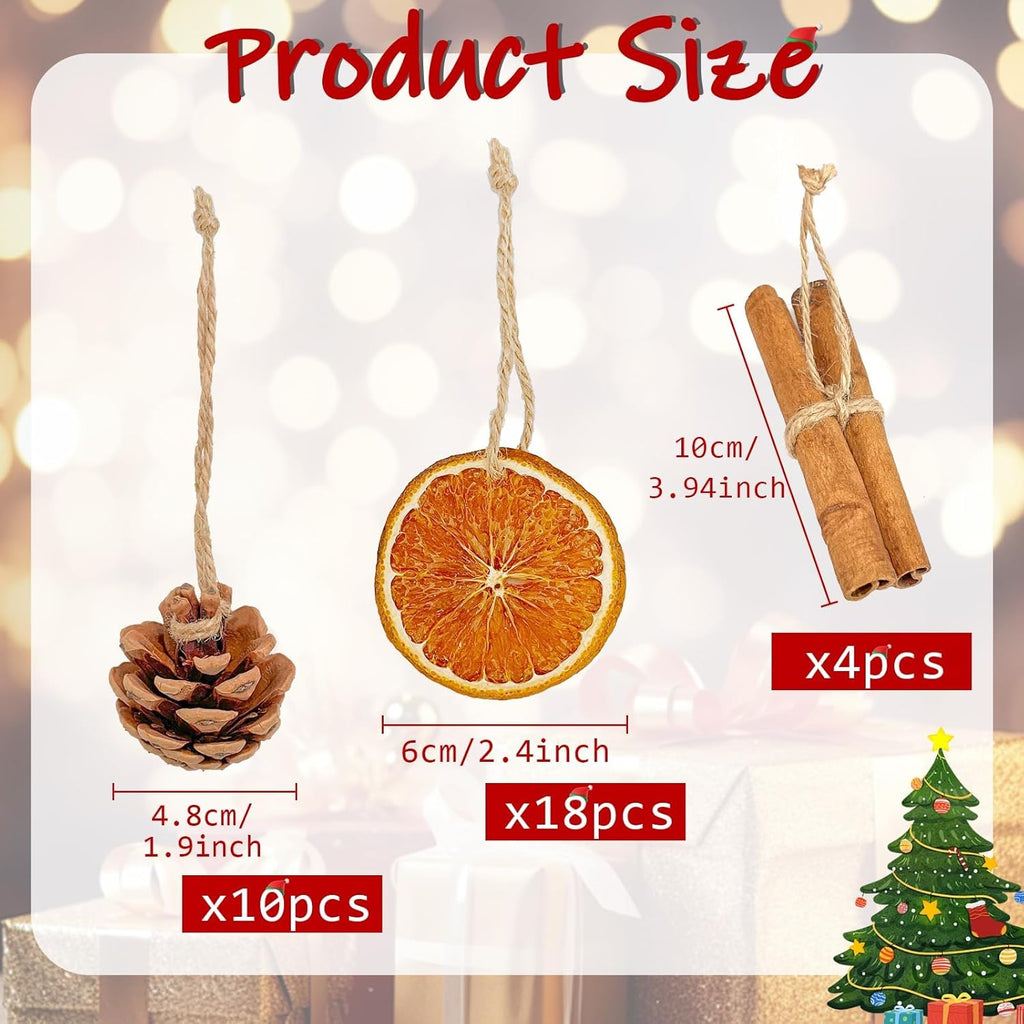 Rustic Christmas Tree Ornaments Set by [Brand Name] - 32pcs with Dried Orange Slices, Cinnamon Sticks & Pine Cones | Perfect for DIY Holiday Decor
