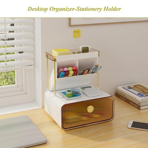 FOLLOWIN 3 Tiers Makeup Organizer with Drawer,Cosmetic Display with Lipsticks Brush Holder,Cosmetics and Beauty Supplies Organizers for Vanity,Dresser,Bathroom Desktop Countertop Organizer,Amber