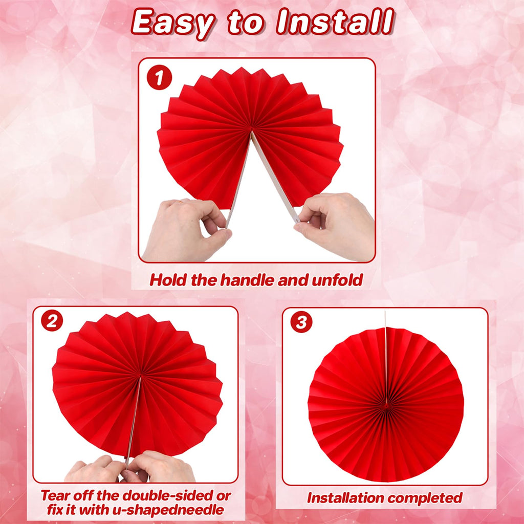 FHMUYDK 12 PCS Red Paper Fans,Round Hanging Pattern Paper Garlands Fan Party Decorations for Wall Decor Birthday Wedding BBQ Baby Shower Pizza Party Home Decor
