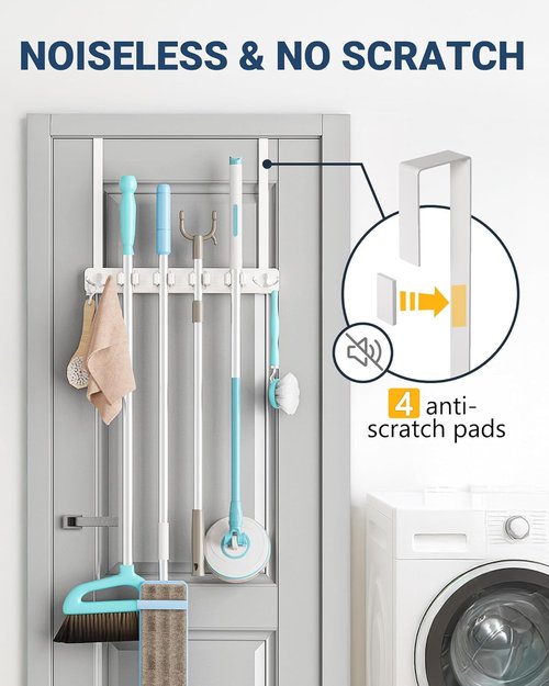 Lorbro Broom Holder - Over The Door Mop Organizer with 4 Slots & Hooks | Rustic Wood Tool Rack for Laundry, Garage, Kitchen