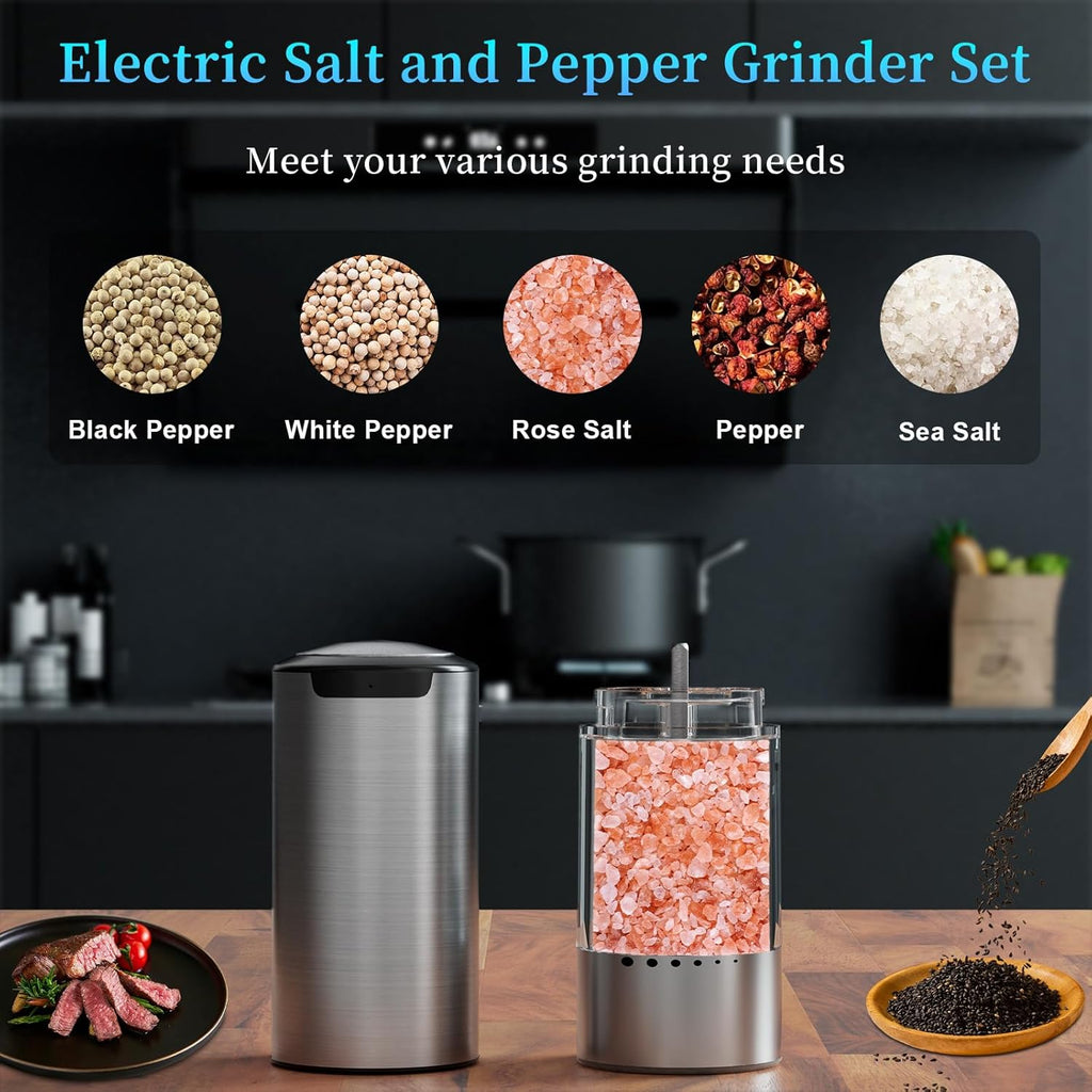 Skiennix Electric Salt and Pepper Grinder Set - Automatic Rechargeable Shakers with Adjustable Coarseness & LED Light