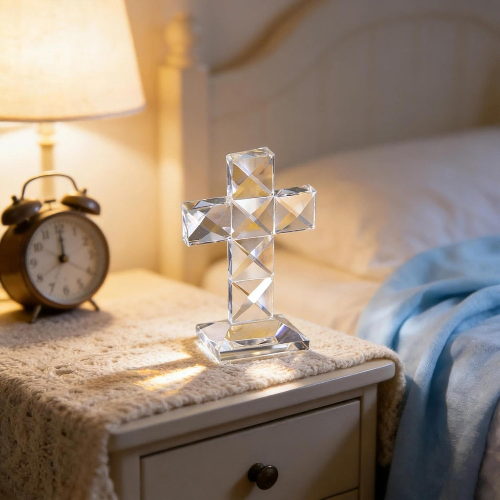 QFkris Crystal Standing Cross | Clear 5'' Tall Glass Figurine - Elegant Christian Tabletop Decor