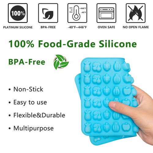 5 PCS Silicone Gummy Molds, Food Grade Non-Stick Candy & Chocolate Mold Fruit Snack Molds BPA-Free with 2 Droppers Including Mini Dinosaur, Bear, Heart, Fruit, and Donut (Blue)