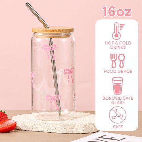 ANABIUP Coquette Cute Pink Bow Glass Cups with Lids and Straws, Aesthetic Iced Coffee Cup, Girly Preppy Design Tumbler Mug for Teen Girls Women Girlfriends Gifts