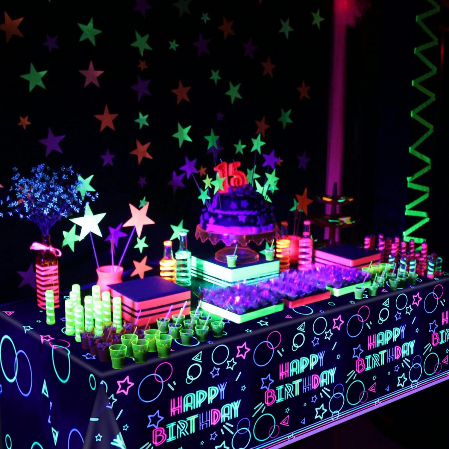 XJLANTTE 4 Pack Glow Party Tablecloth Supplies - Neon Plastic Birthday Table Cover, Black Light Fluorescence Rectangle Table Cloth 51"x86.6" for Glow in The Dark Birthday Party Decorations