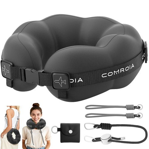 Travel Neck Pillow for Airplane Sleeping – 360° Head Support Prevents Bobbing, 100% Memory Foam Ergonomic Neck Cushion with No-Case-Needed Carry Strap for Long Flights & Car – Washable Cover (Black)