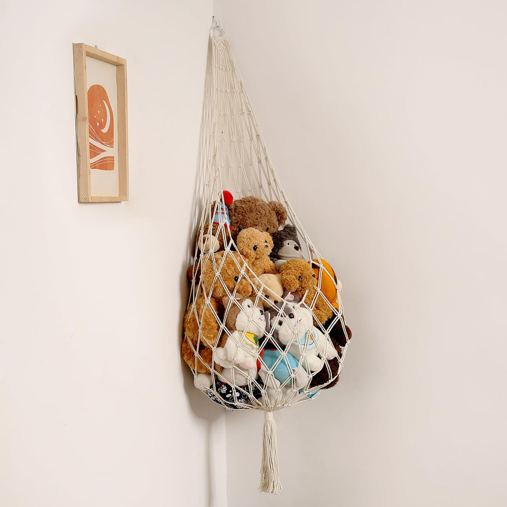Amdermi Novel Stuffed Animal Hammock Corner Hanging Net for Stuff Aniaml Storage Macrame Toy Display Plush Toy Holder-Perfect for The Tiny Space Walls (Cream)