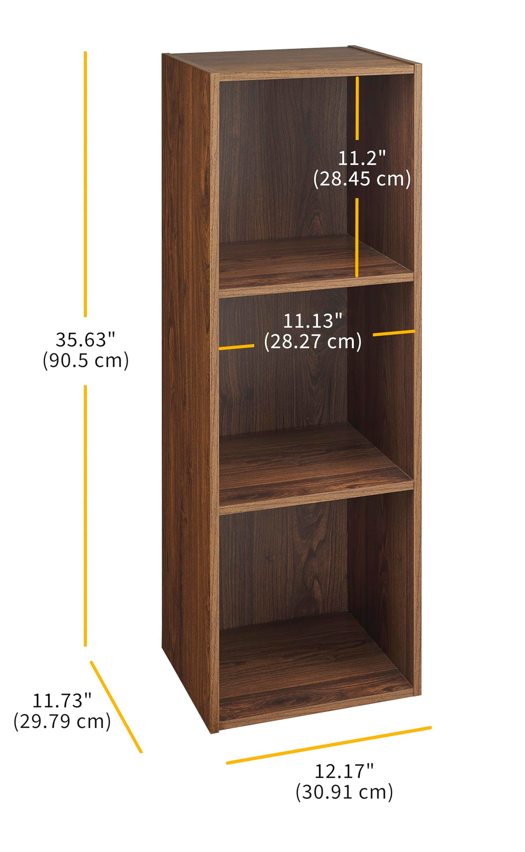 Whitmor 3 Cube Bookcase Storage Organizer, 3 Tier Stackable MDF Bookshelf, Open Storage Display Bookshelf, Storage Cabinet for Living Room, Bedroom, Home, Office, 12.2" L x 11.7" W x 35.6" H, Walnut