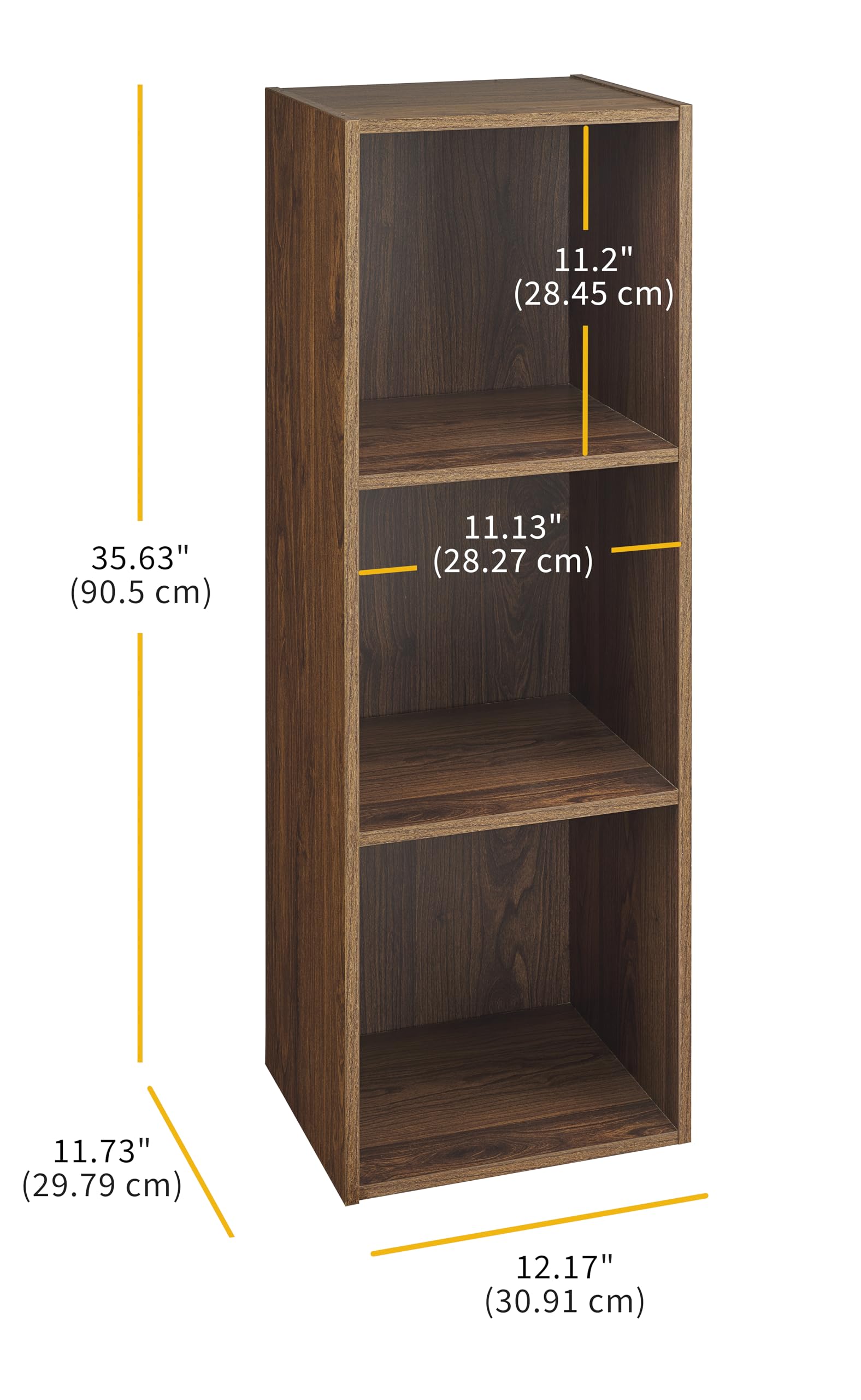 Whitmor 3 Cube Bookcase Storage Organizer, 3 Tier Stackable MDF Bookshelf, Open Storage Display Bookshelf, Storage Cabinet for Living Room, Bedroom, Home, Office, 12.2" L x 11.7" W x 35.6" H, Walnut