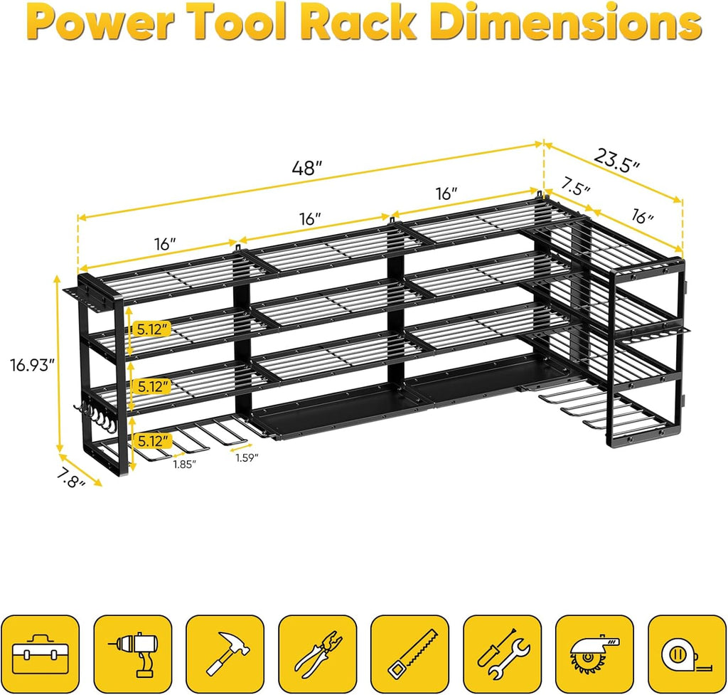 POKIPO Extra Large 64" Power Tool Organizer - Heavy Duty 4-Tier Garage Storage Rack with 8 Drill Holders | 1000 lbs Load Capacity