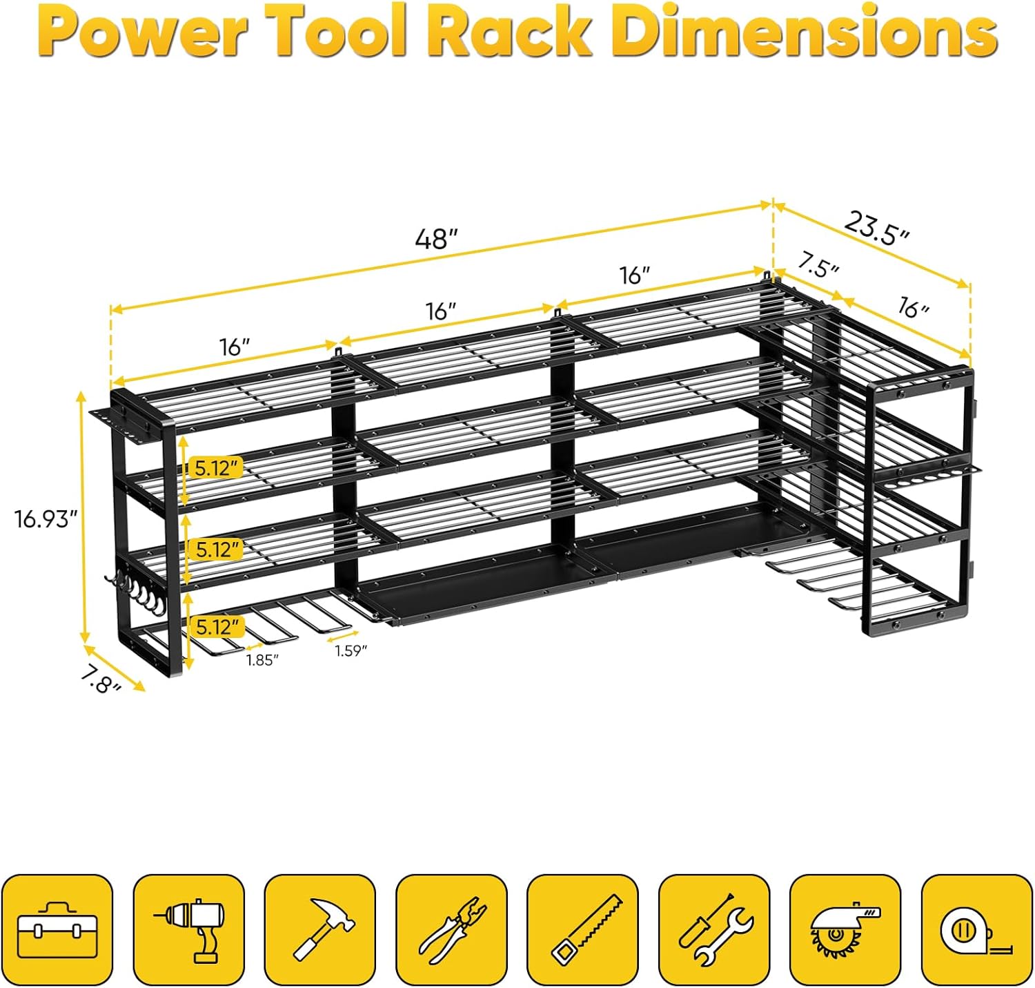 POKIPO Extra Large 64" Power Tool Organizer - Heavy Duty 4-Tier Garage Storage Rack with 8 Drill Holders | 1000 lbs Load Capacity