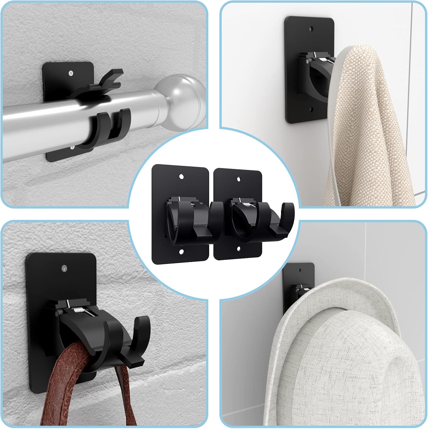 Skiennix Self-Adhesive Curtain Rod Brackets - No Drill, Universal Plastic Holders for Home Use | Black, 2 Pieces