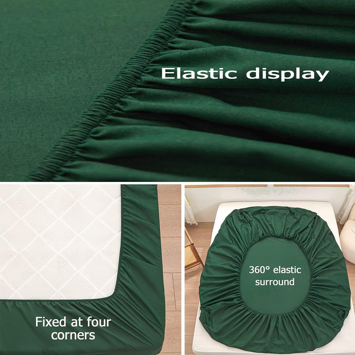 Skiennix Queen Size Fitted Sheet - Soft Microfiber, 15-Inch Deep Pocket, Dark Green, Fade Resistant