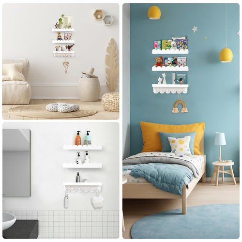 Iswabard Floating Nursery Book Shelves with Hooks-Scalloped Wall Book Shelves for Bedroom Kids Set of 3, Nursery Furniture Must Have, 16 Inch, White