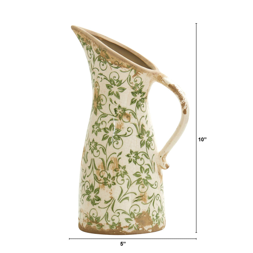 Tuscan Ceramic Green Scroll Pitcher Vase