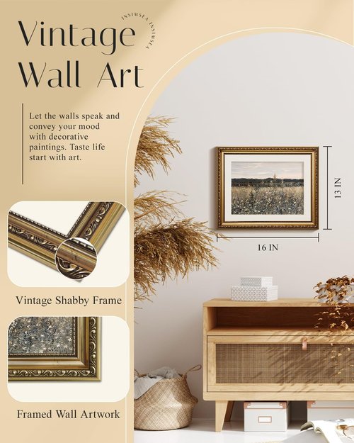 InSimSea Gold Framed Wall Art - Vintage Meadow Flowers Canvas Print | 13x16 Inch Home Decor