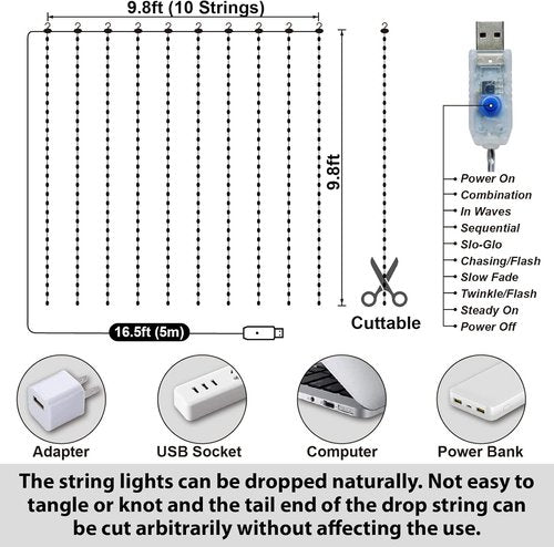 HXWEIYE 300LED Fairy Curtain Lights - 9.8x9.8Ft USB Plug-In with Remote | 8 Modes for Bedroom & Wedding Decor, Pink