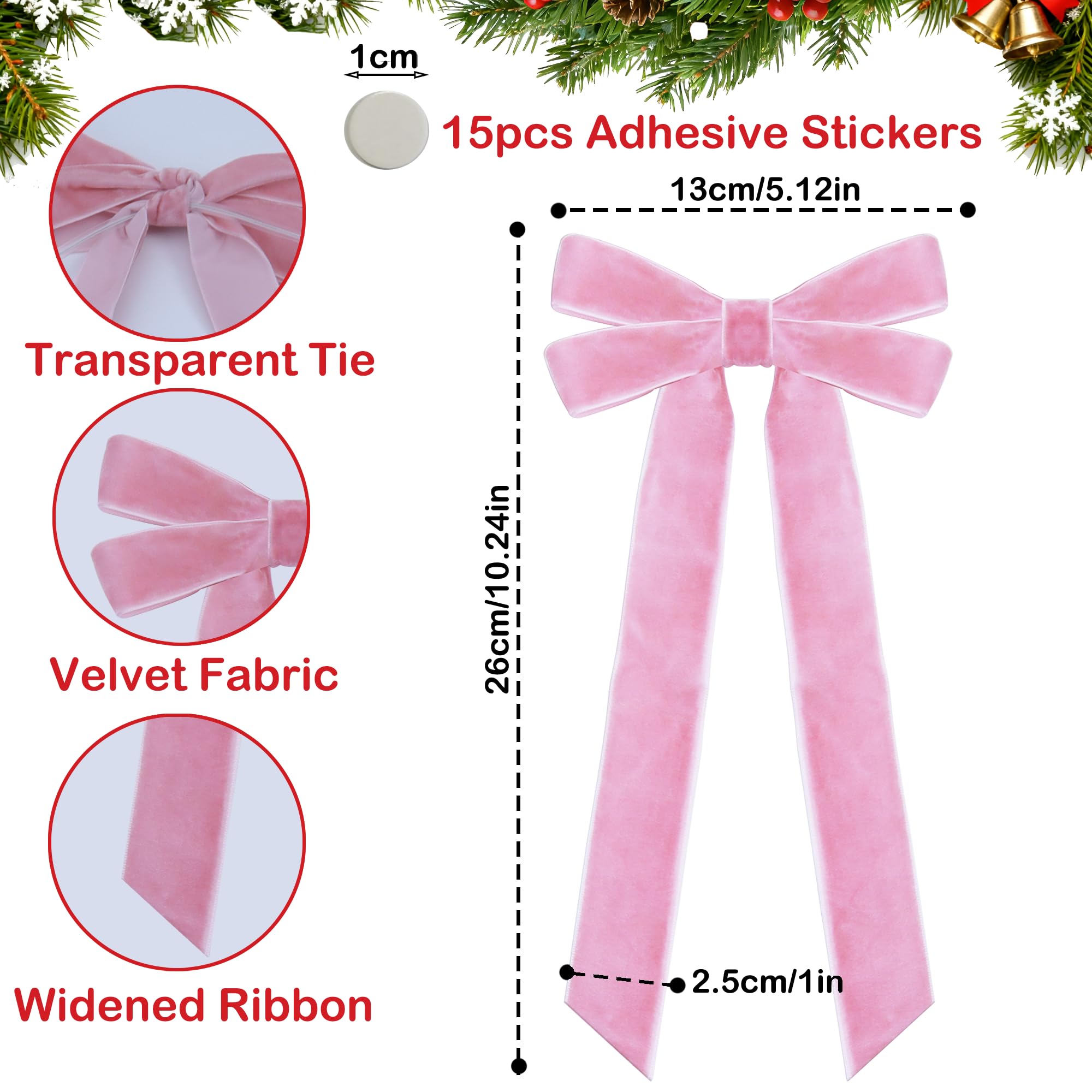 TNTIWQ 15 Pcs Pink Velvet Ribbon Bows Valentines Day Decorations for Tree 5in x 10in x 1in Vintage Velvet Bows for Christmas Tree Coquette Room Wreath Garland Birthday Wedding Party Decor (Pink)