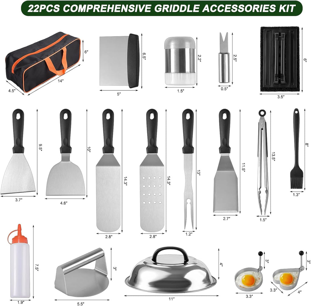 Blackstone 22PCS Griddle Accessories Set - Premium Flat Top Grill Tools with Metal Spatula, Basting Cover & Scraper